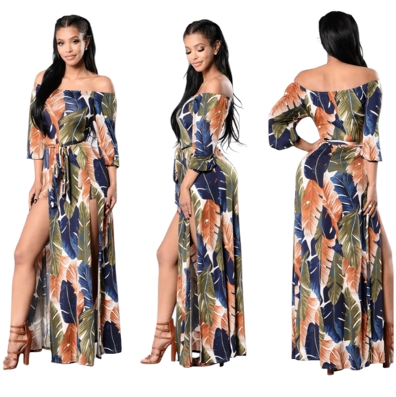 Fashion Nova Curve Night Moves Off-Shoulder Romper Maxi Dress Olive Combo Size L - Picture 1 of 16